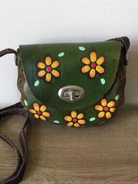 Hand-Painted Green Floral Mini Crossbody Bag with Turn-Lock Closure